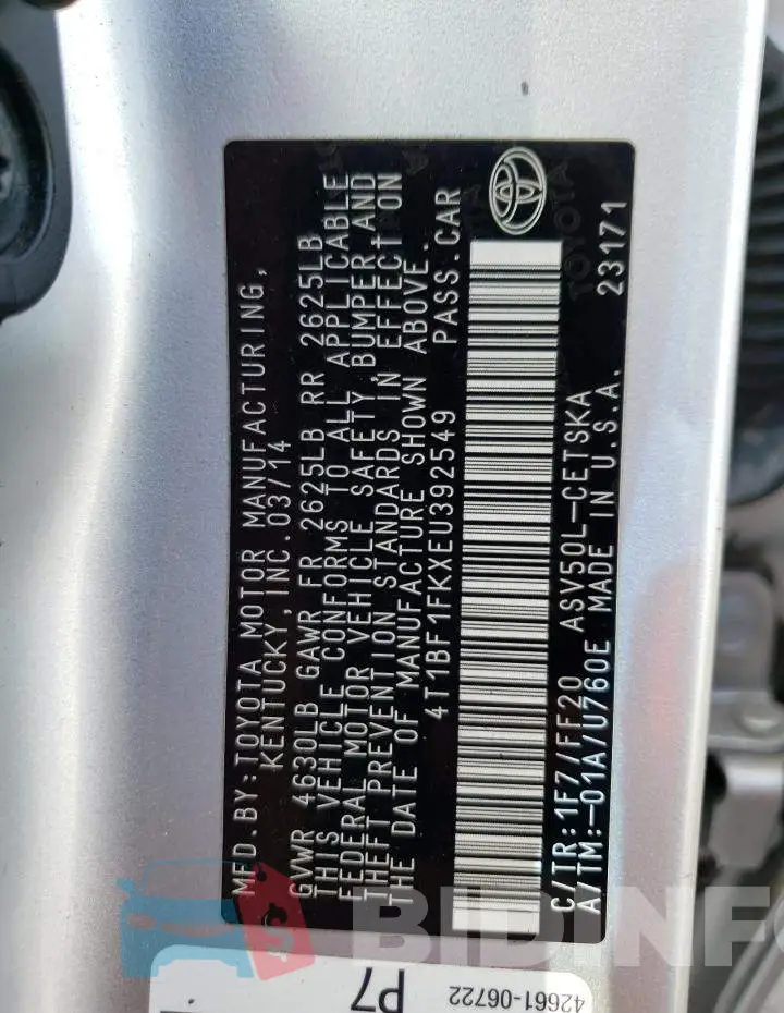 4T1BF1FKXEU392549 Photo# 12