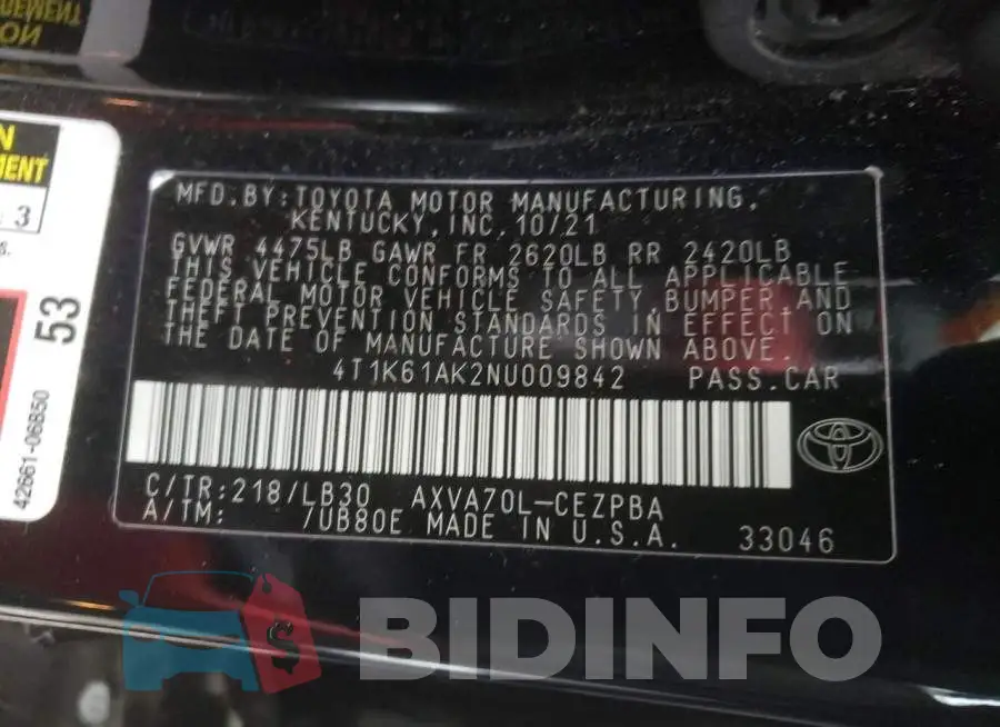 4T1K61AK2NU009842 Photo# 12