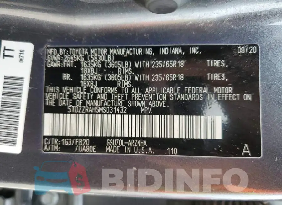 5TDZZRAH5MS031432 Photo# 13