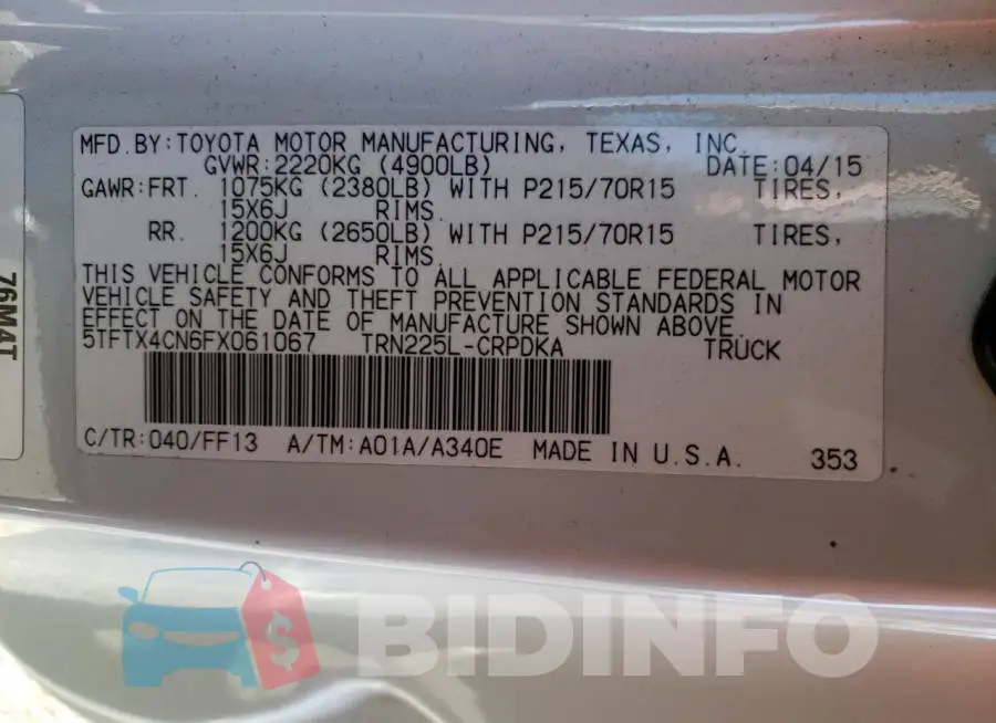 5TFTX4CN6FX061067 Photo# 12