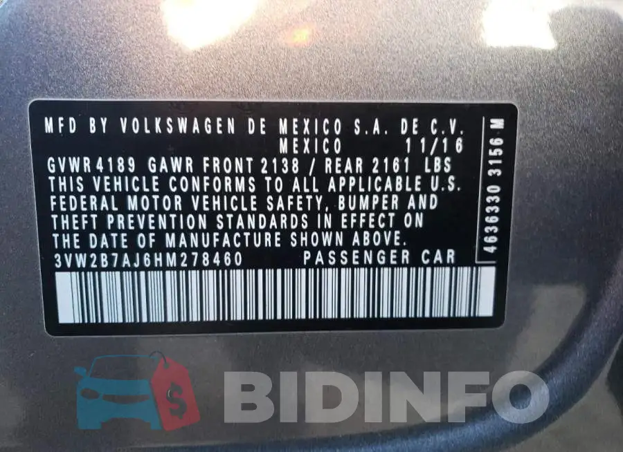 3VW2B7AJ6HM278460 Photo# 12