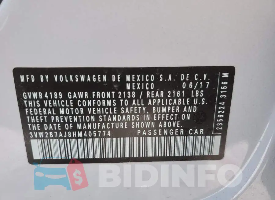 3VW2B7AJ8HM405774 Photo# 12