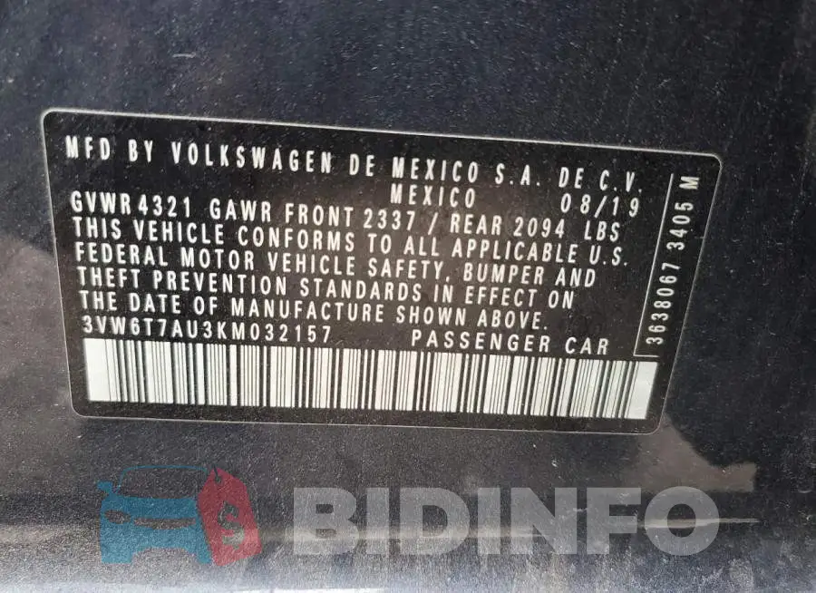 3VW6T7AU3KM032157 Photo# 12