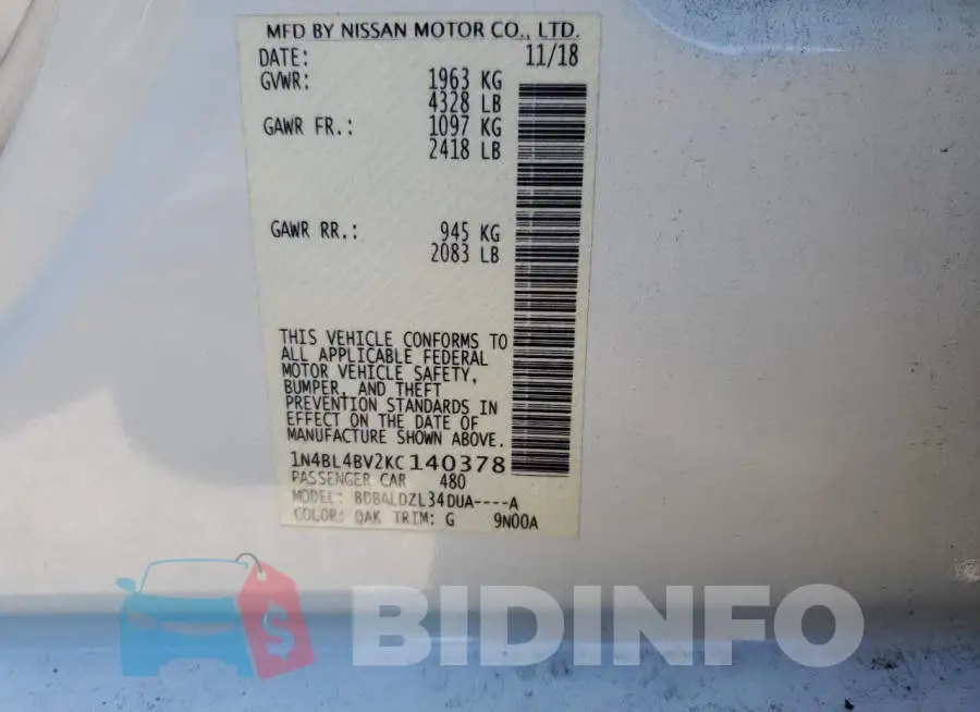 1N4BL4BV2KC140378 Photo# 12
