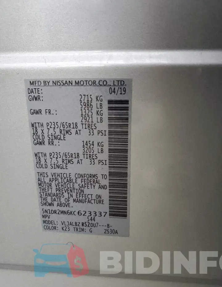 5N1DR2MN6KC623337 Photo# 10