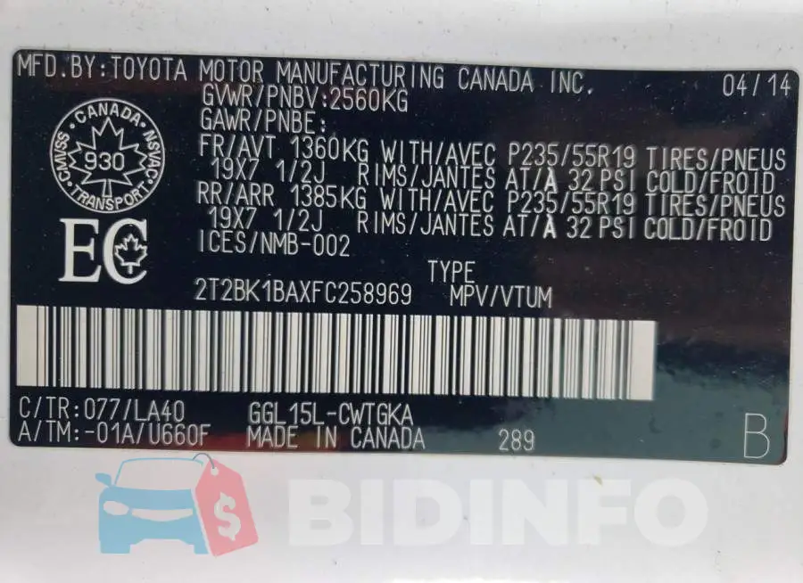 2T2BK1BAXFC258969 Photo# 14