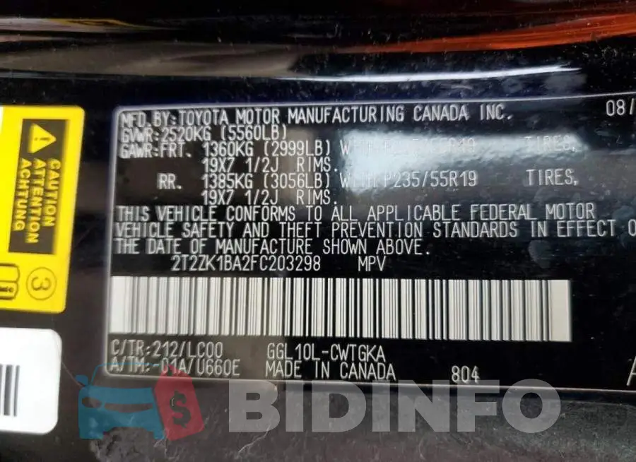 2T2ZK1BA2FC203298 Photo# 14