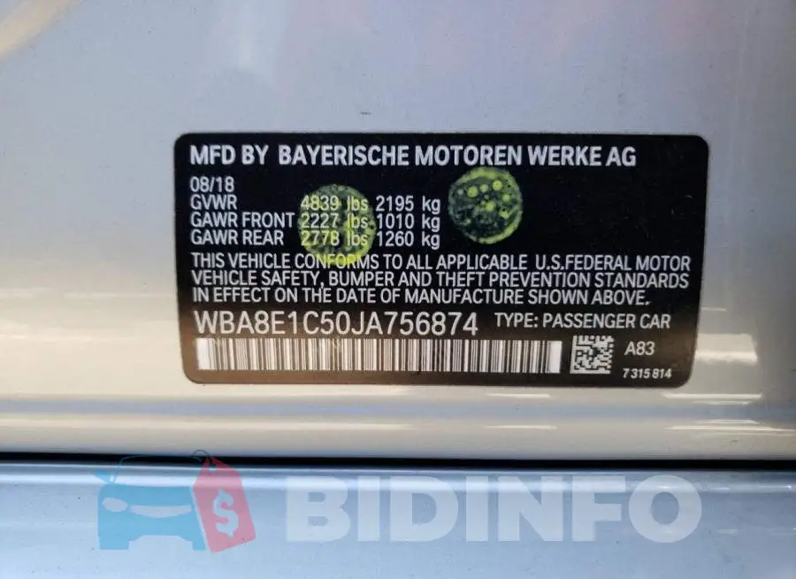 WBA8E1C50JA756874 Photo# 12