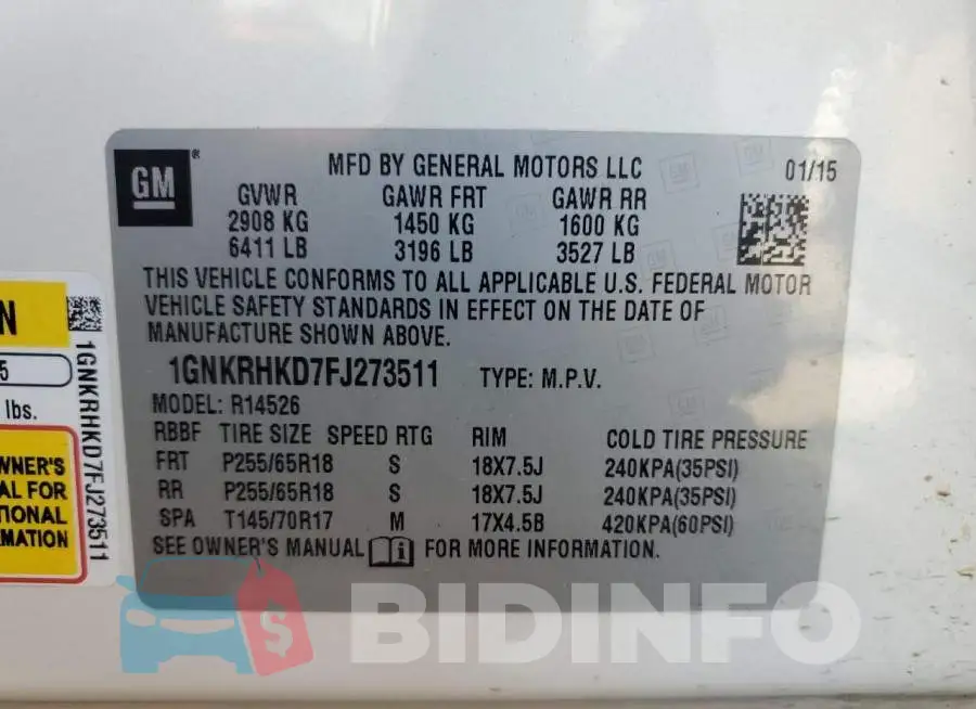 1GNKRHKD7FJ273511 Photo# 13
