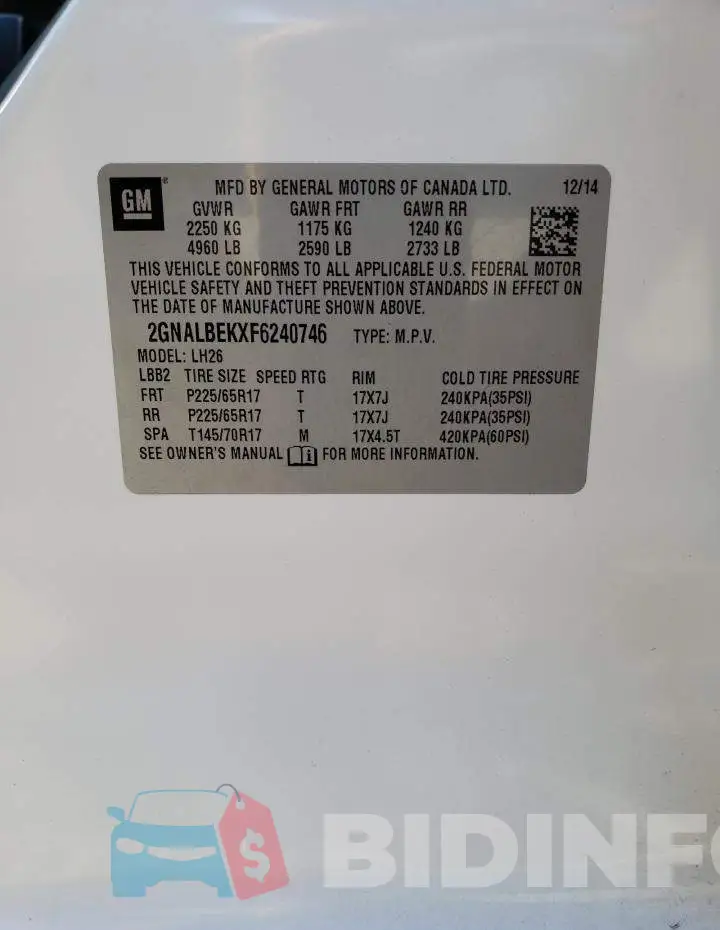 2GNALBEKXF6240746 Photo# 14