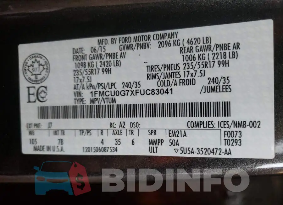 1FMCU0G7XFUC83041 Photo# 14