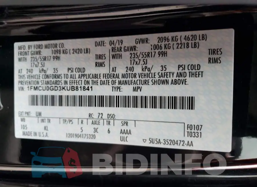 1FMCU0GD3KUB81841 Photo# 14
