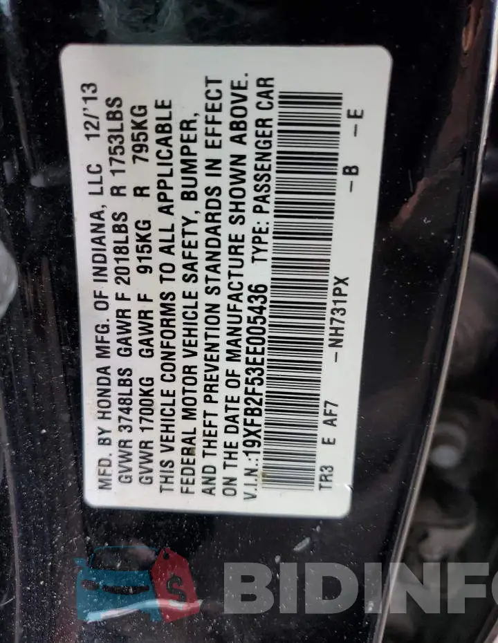 19XFB2F53EE005436 Photo# 13