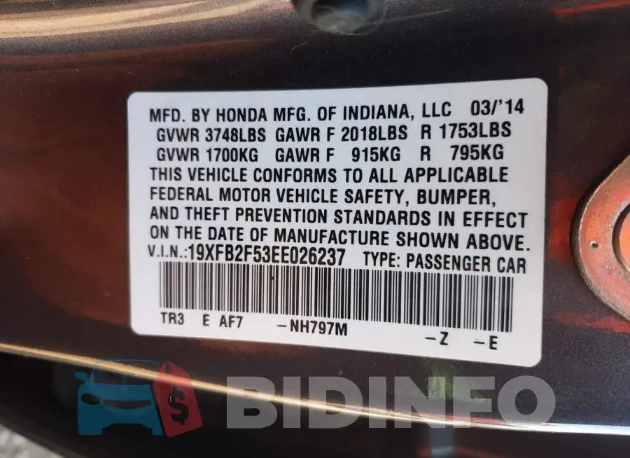 19XFB2F53EE026237 Photo# 12