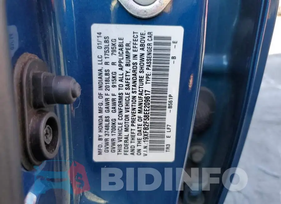 19XFB2F58EE209617 Photo# 12