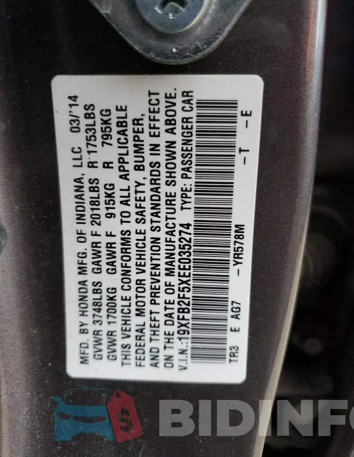 19XFB2F5XEE035274 Photo# 12