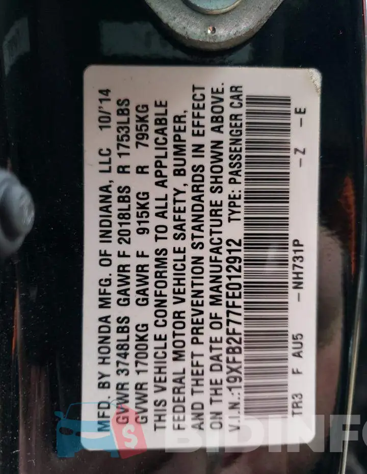19XFB2F77FE012912 Photo# 12