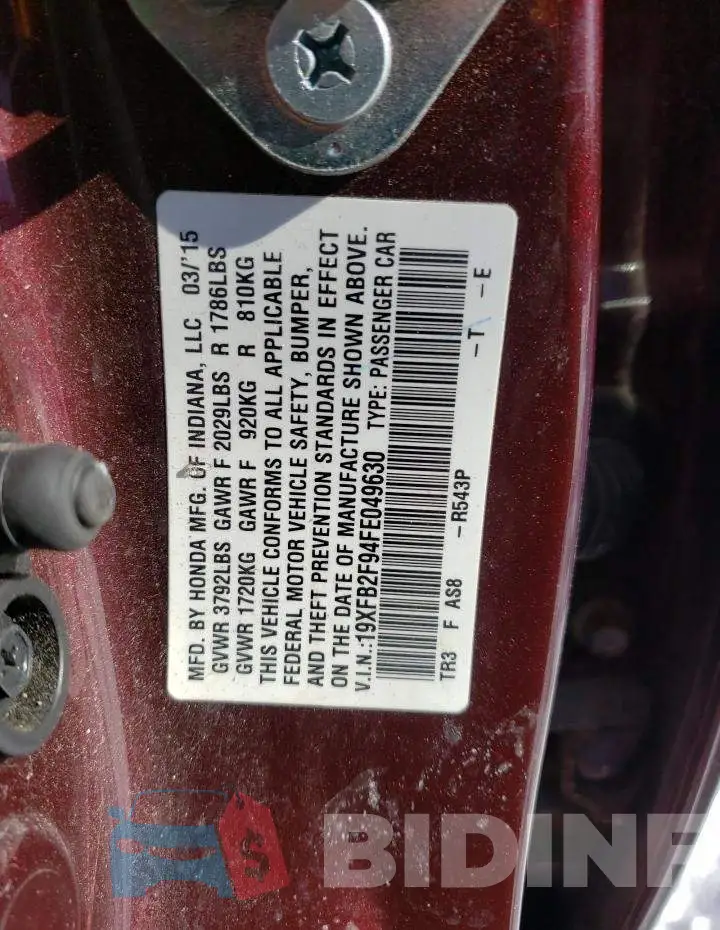 19XFB2F94FE049630 Photo# 12