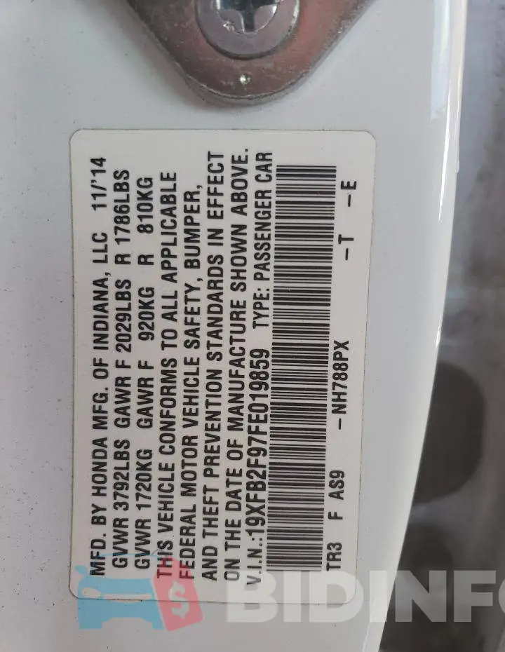 19XFB2F97FE019859 Photo# 13