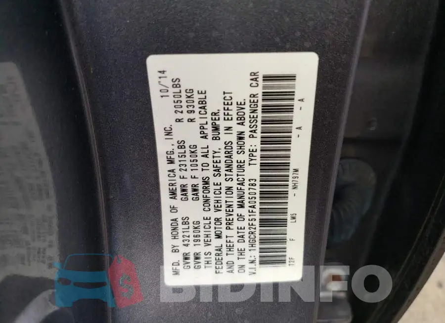 1HGCR2F51FA050783 Photo# 12