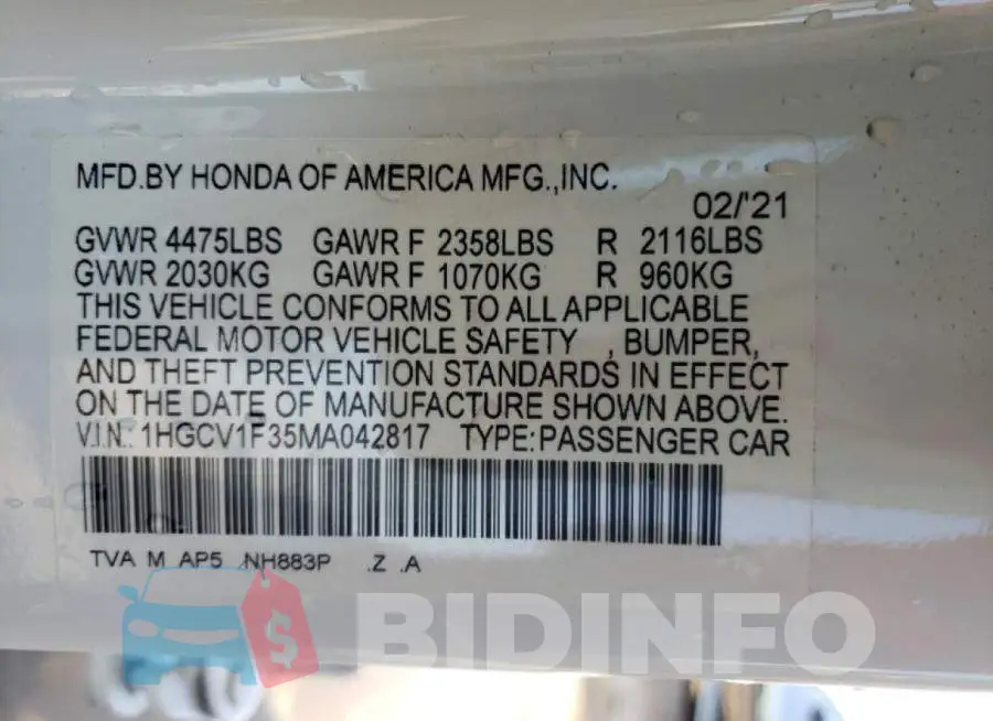 1HGCV1F35MA042817 Photo# 13