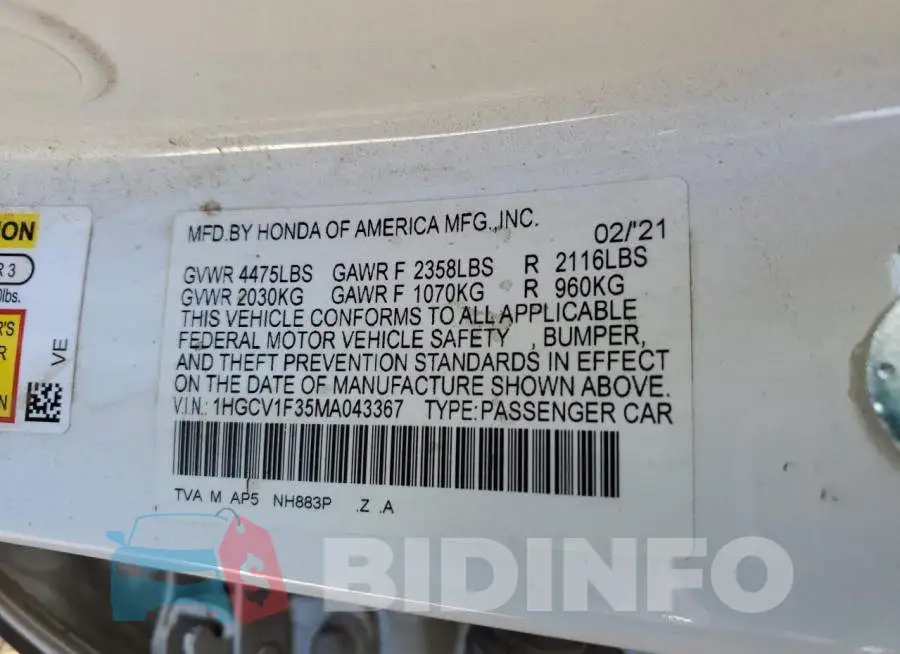1HGCV1F35MA043367 Photo# 12