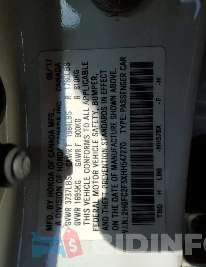 2HGFC2F5XHH547270 Photo# 12
