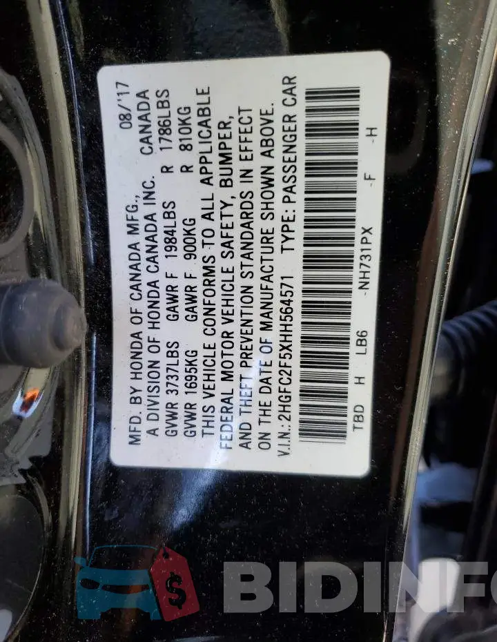 2HGFC2F5XHH564571 Photo# 12