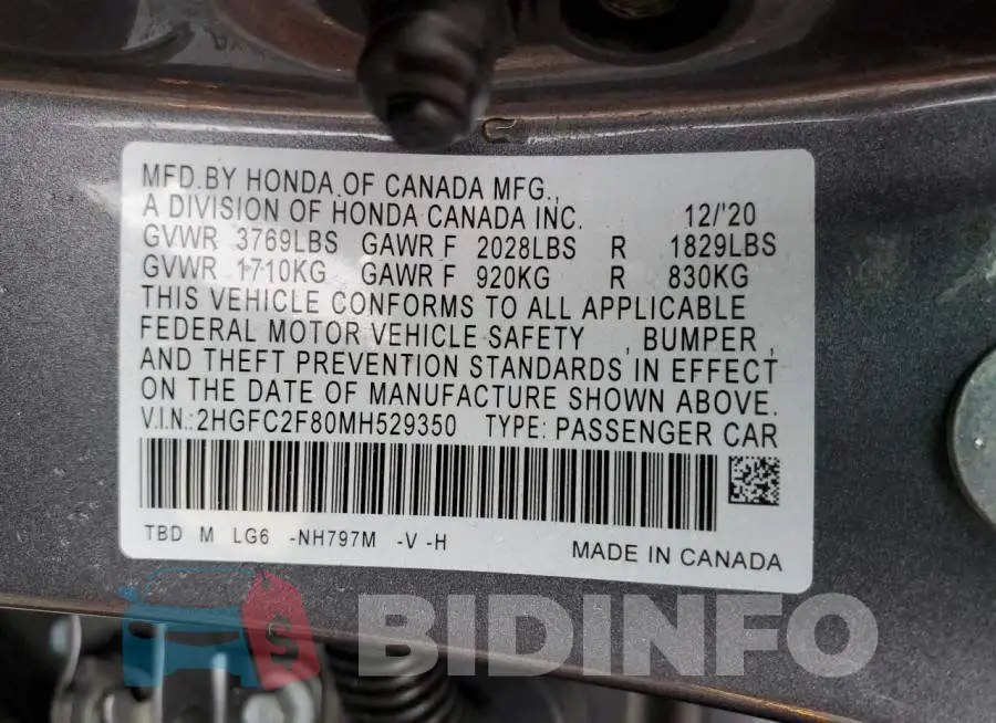 2HGFC2F80MH529350 Photo# 12