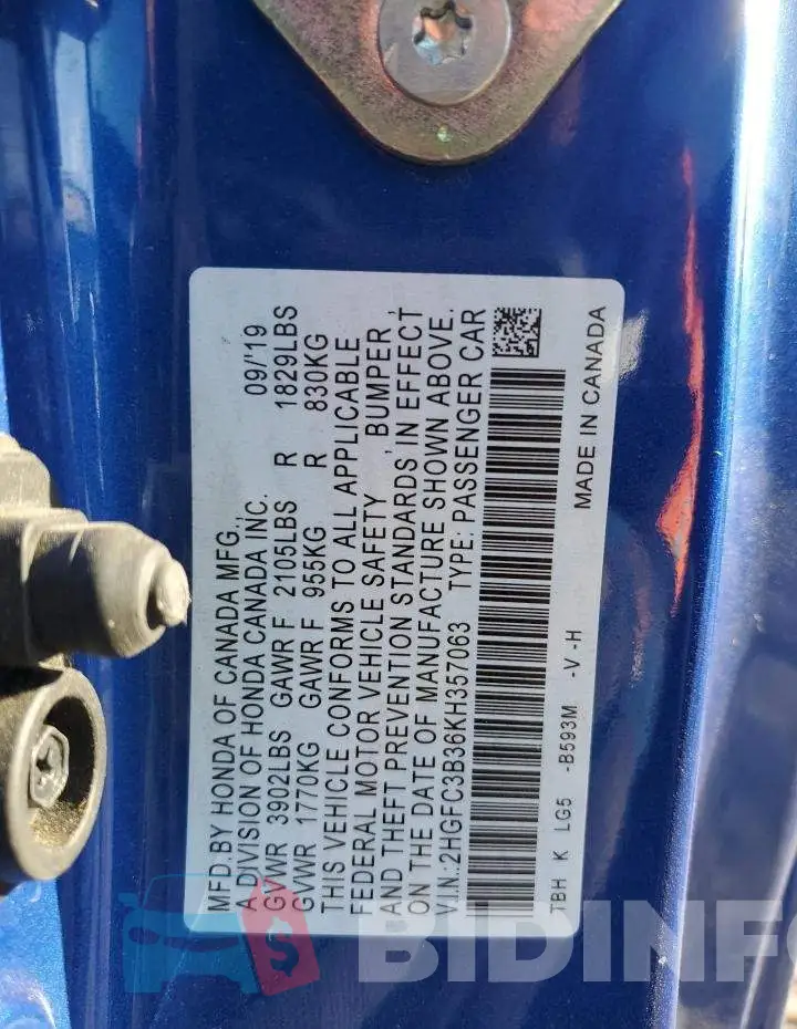 2HGFC3B36KH357063 Photo# 13