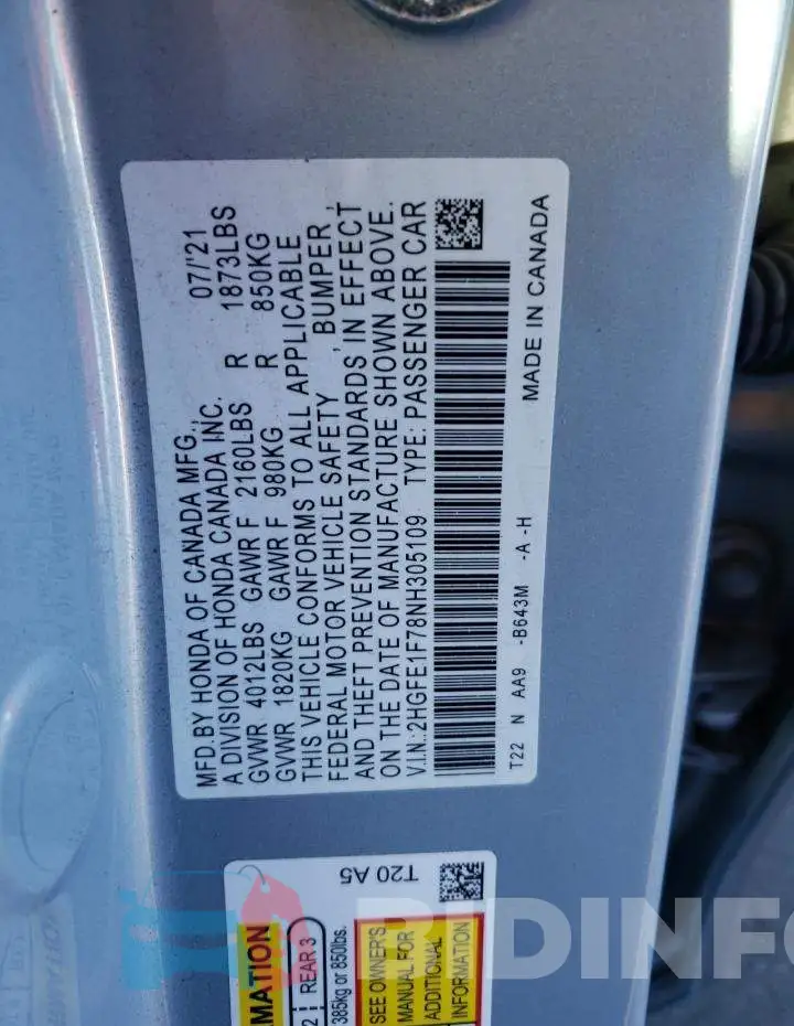 2HGFE1F78NH305109 Photo# 12