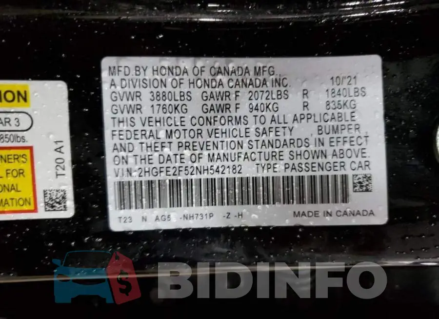 2HGFE2F52NH542182 Photo# 12
