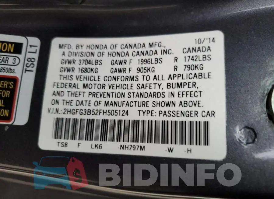 2HGFG3B52FH505124 Photo# 12