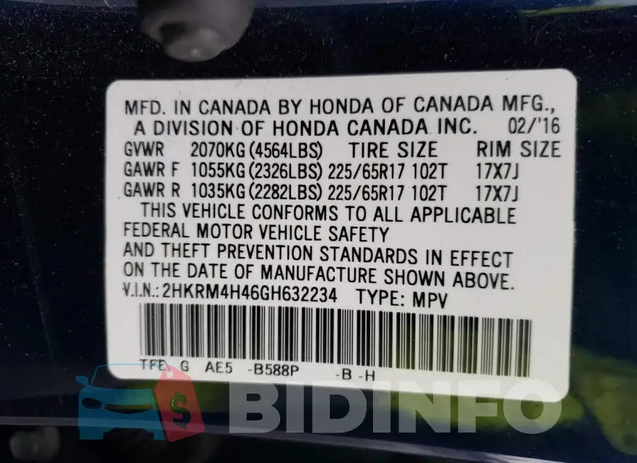 2HKRM4H46GH632234 Photo# 13