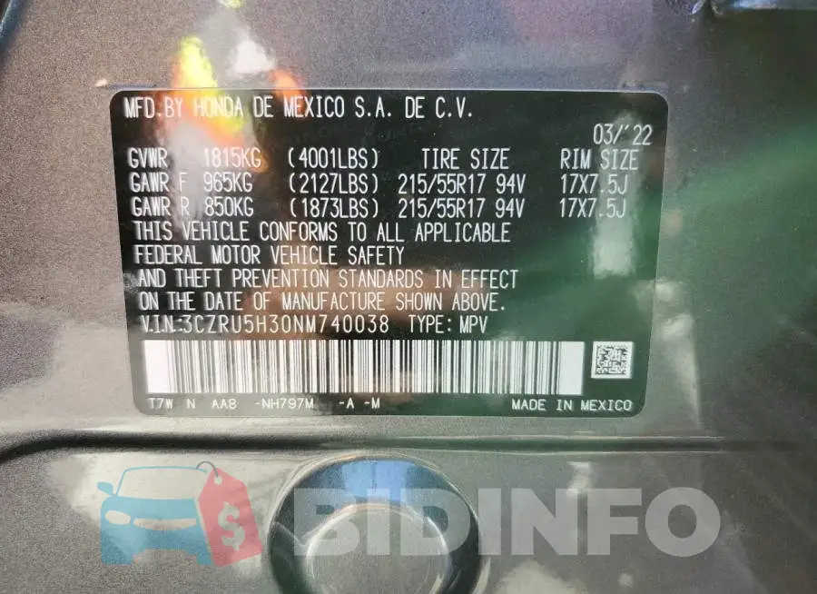 3CZRU5H30NM740038 Photo# 10
