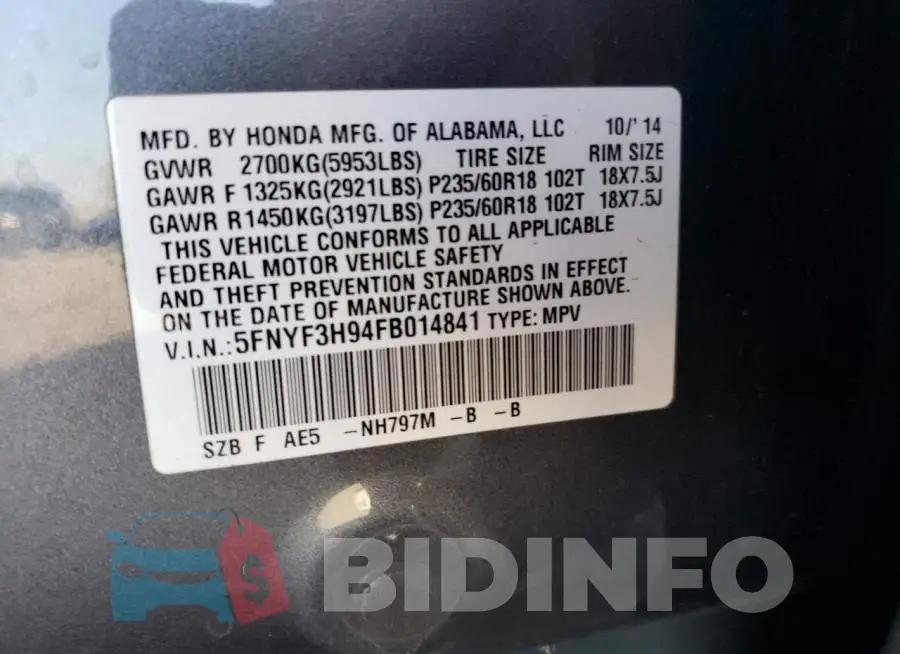 5FNYF3H94FB014841 Photo# 13