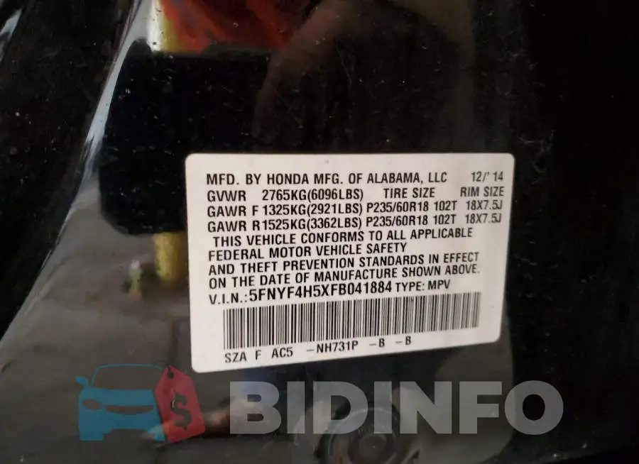 5FNYF4H5XFB041884 Photo# 13