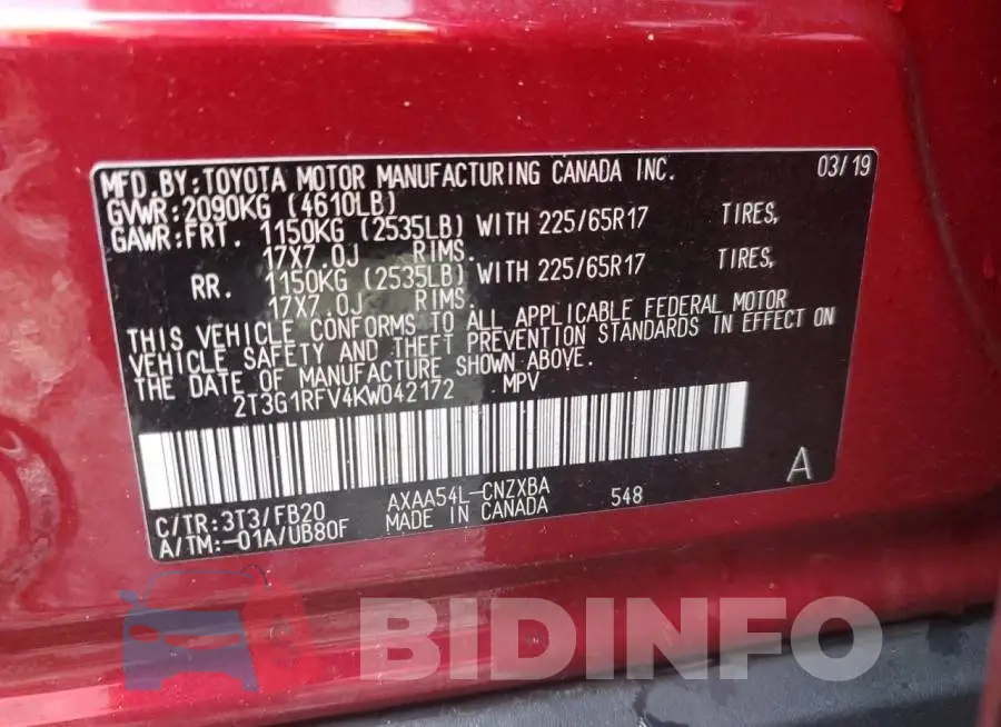 2T3G1RFV4KW042172 Photo# 14