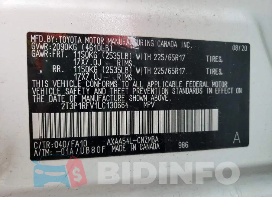 2T3P1RFV1LC130664 Photo# 13