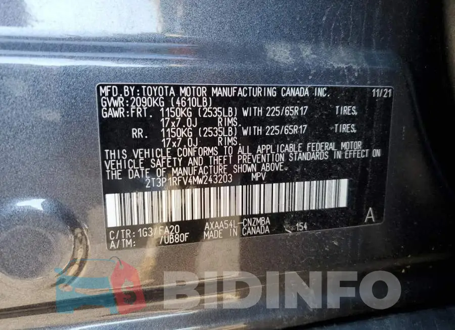 2T3P1RFV4MW243203 Photo# 13