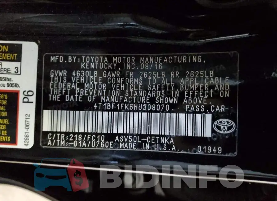 4T1BF1FK6HU308070 Photo# 12