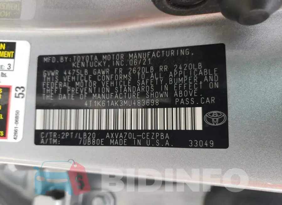 4T1K61AK3MU483698 Photo# 13