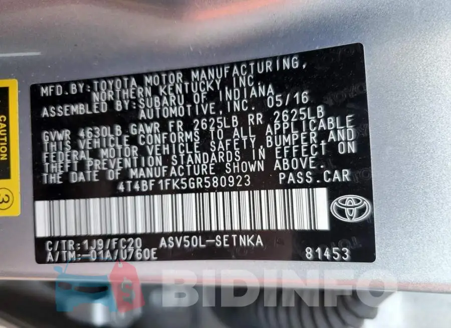 4T4BF1FK5GR580923 Photo# 12