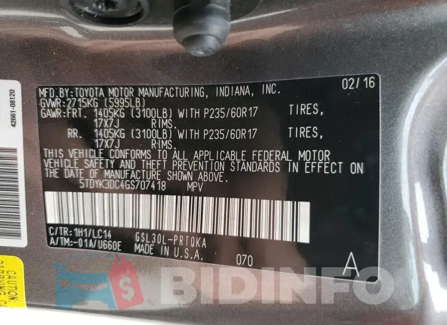5TDYK3DC4GS707418 Photo# 14