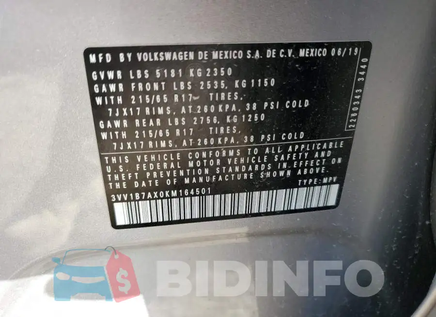 3VV1B7AX0KM164501 Photo# 13