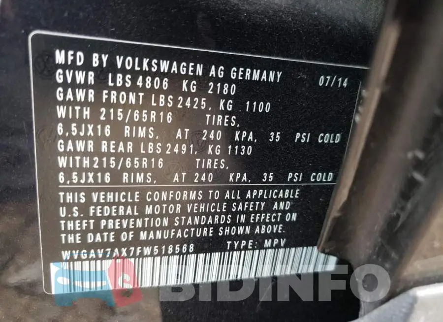 WVGAV7AX7FW518568 Photo# 13