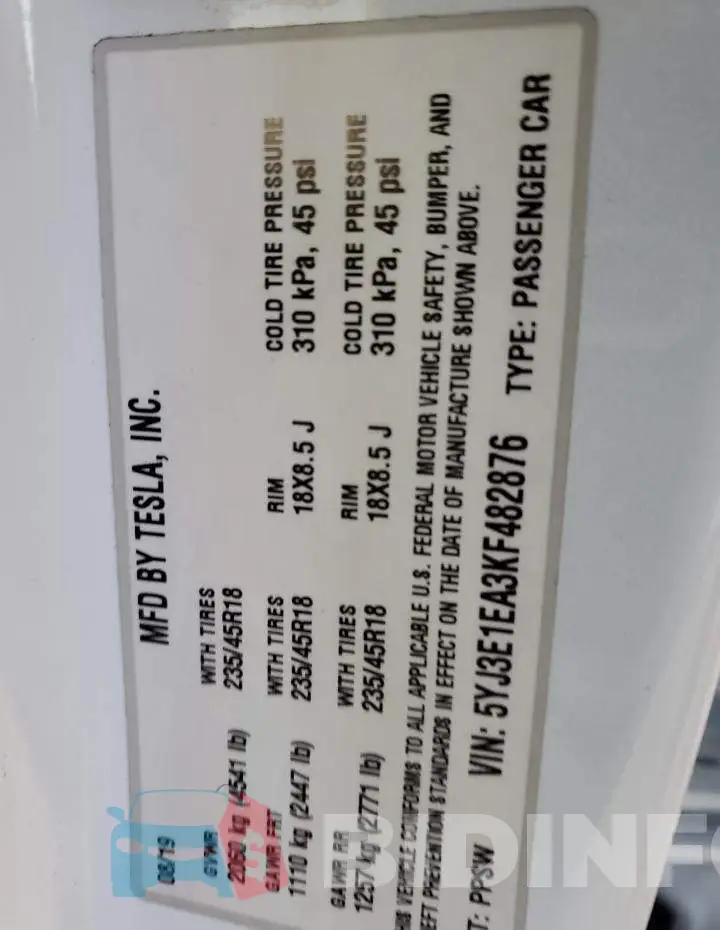 5YJ3E1EA3KF482876 Photo# 12