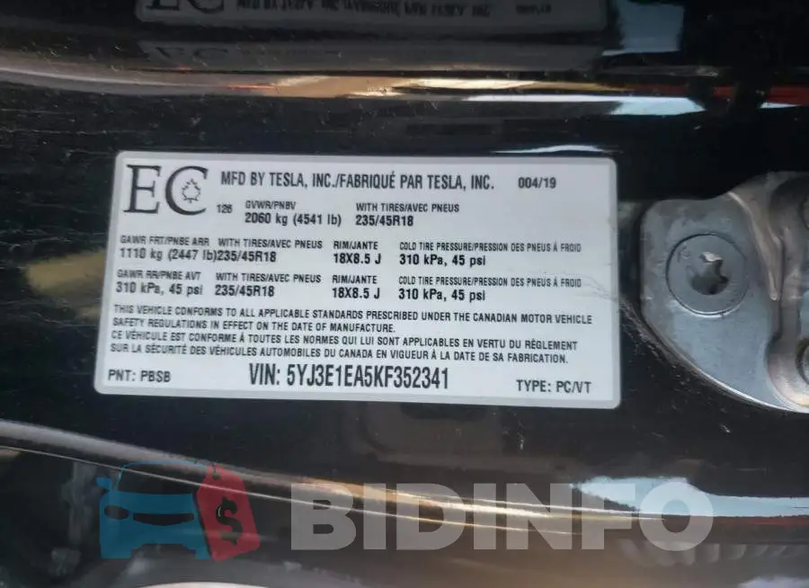 5YJ3E1EA5KF352341 Photo# 12