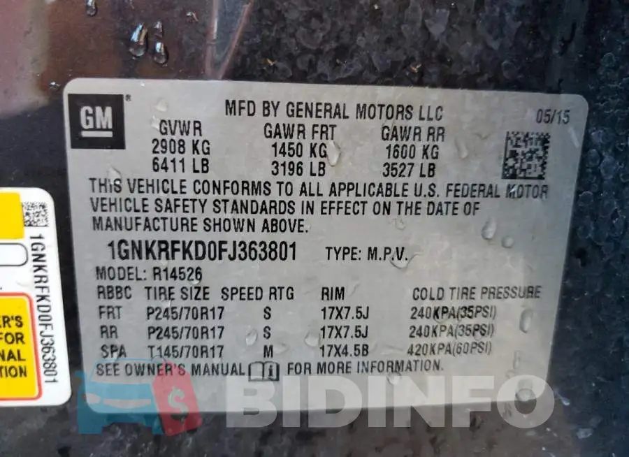 1GNKRFKD0FJ363801 Photo# 13