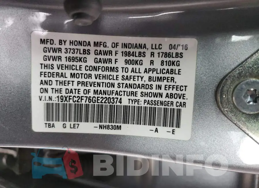 19XFC2F76GE220374 Photo# 12